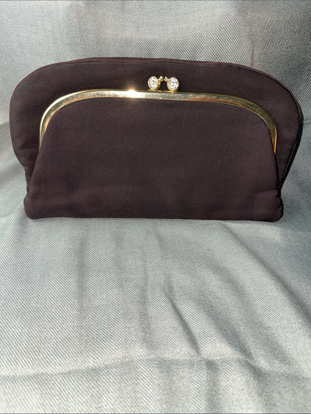 Garay Elegant Brown Evening Bag Foldable ClutchGold Frame Rhinestones Vintage